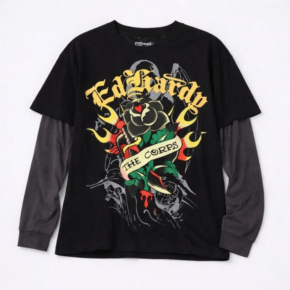 Ed Hardy Other - Ed Hardy Graphic Layered-Look Tee in Black and Charcoal